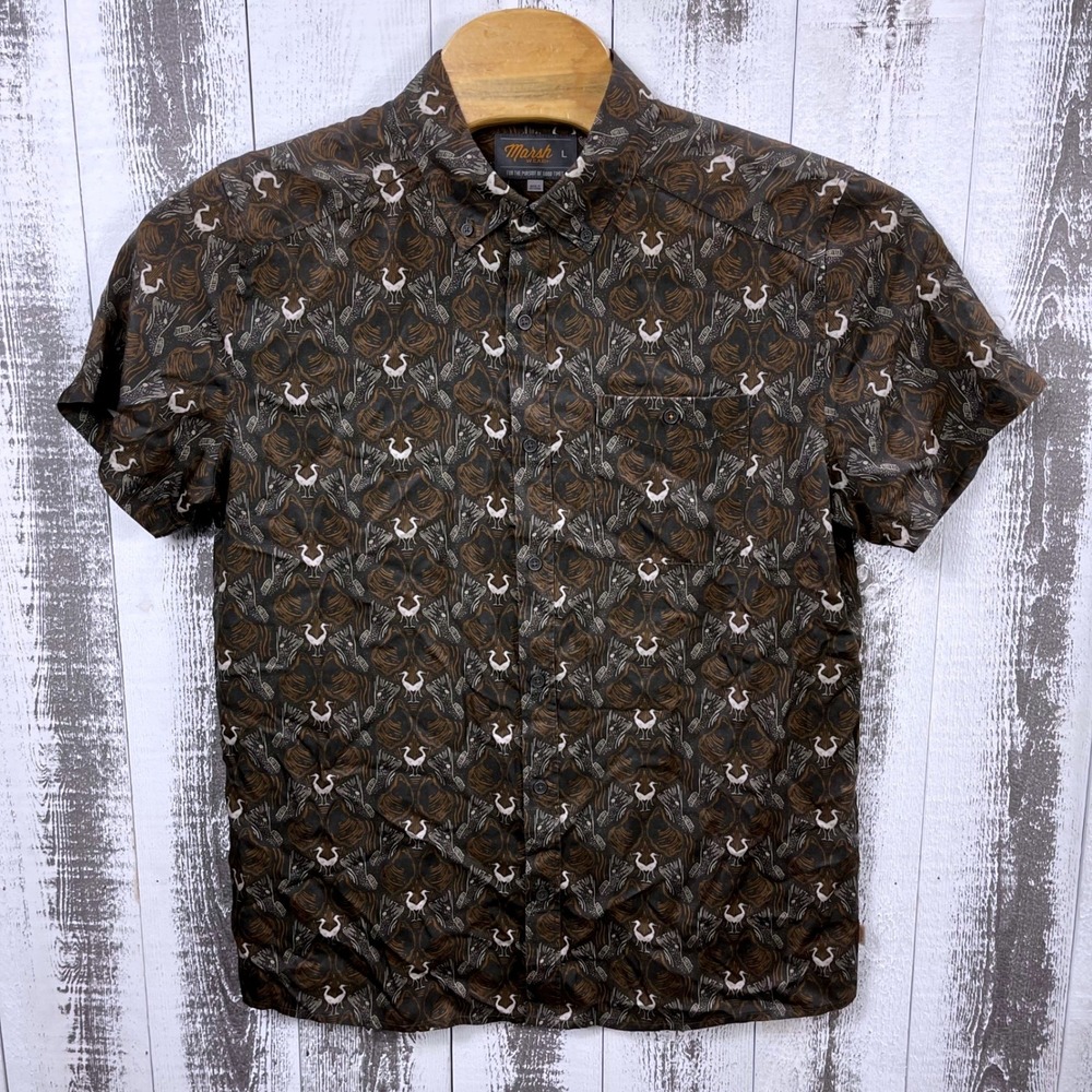 Marsh Wear Marsh Bird Print Button Up Shirt Brown Lyocell Short Sleeve Men L